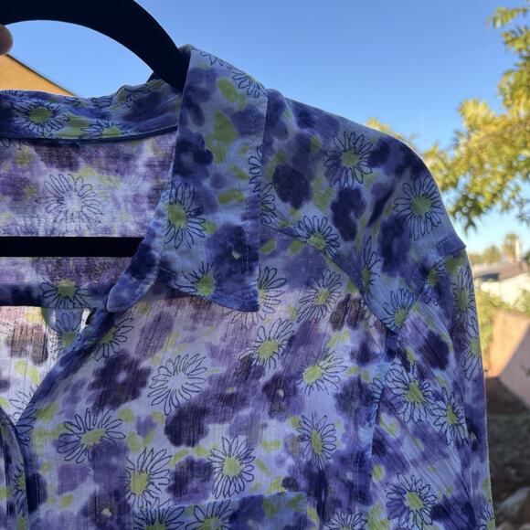 Floral Button Down Cotton Blouse, Purple And Lime Green Flowers, Womens Medium - Picture 3 of 4